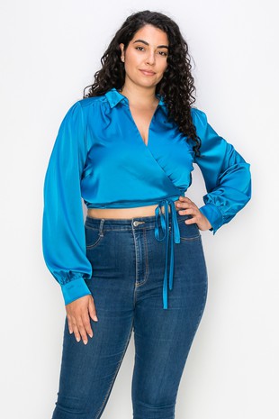 Plus- Satin Wrap Crop Top