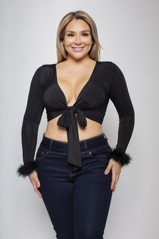 Plus- Sexy Feather Trim Long Sleeve Top