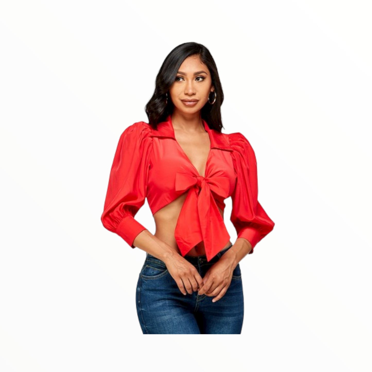 Puffy Sleeve Front/Back Tie Crop Top